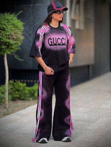 ست دو تیکه تیشرت و شلوار زنانه مدل GUCCI جنس پنبه درجه ۱ M