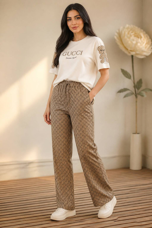 ست تیشرت شلوار زنانه جنس دورس پنبه اعلا و درجه ۱ مدل Gucci طرح خرسی F