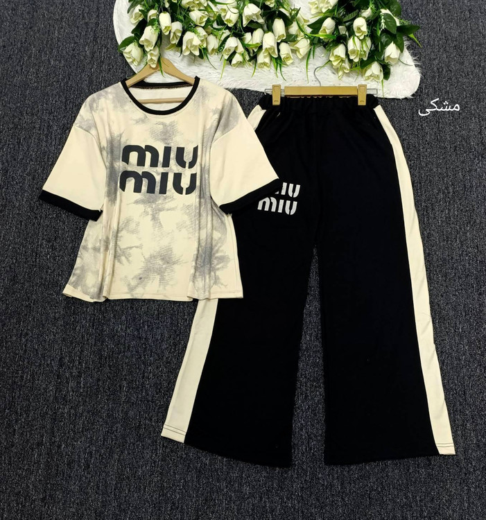 ست تیشرت شلوار زنانه مدل miu miu گازوئیلی جنس گلکسی پنبه درجه ی 1 با لطافت بالا F