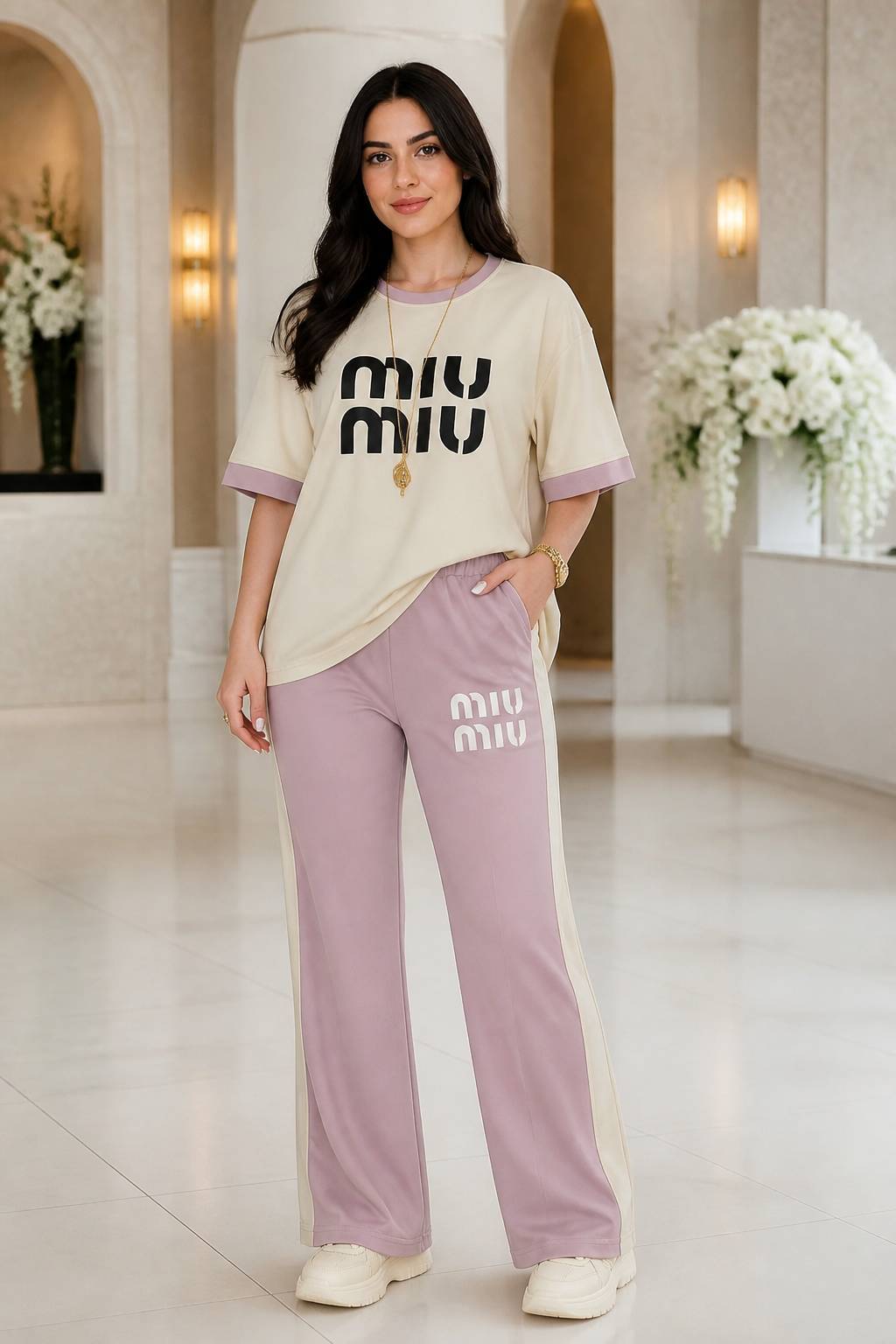 ست  تیشرت شلوار  زنانه مدل miu miu گازوئیلی جنس گلکسی پنبه درجه ی 1 با لطافت بالا mod