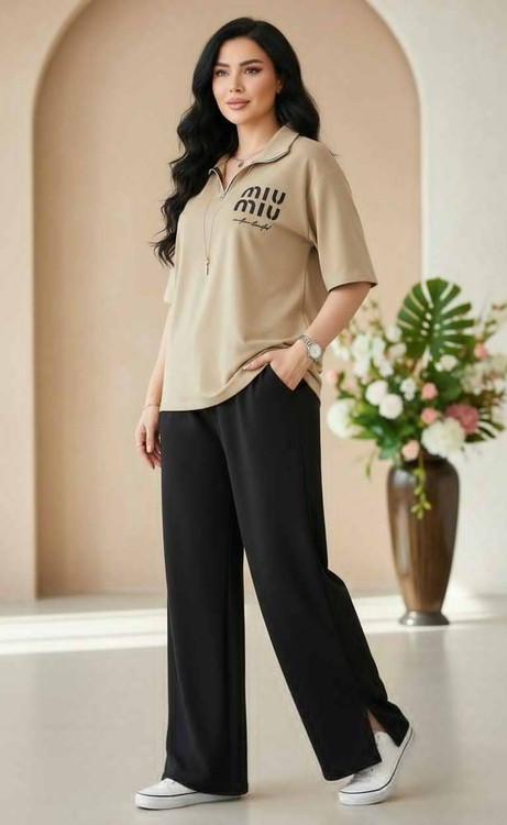 ست تیشرت شلوار زنانه گلکسی پنبه Miu Miu نیم زیپ 7