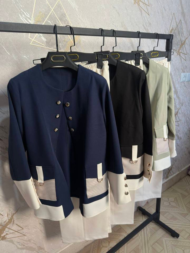 ست کت و شلوار مجلسی زنانه مدل الیزابت رنگ سورمهای با دوخت مزونی