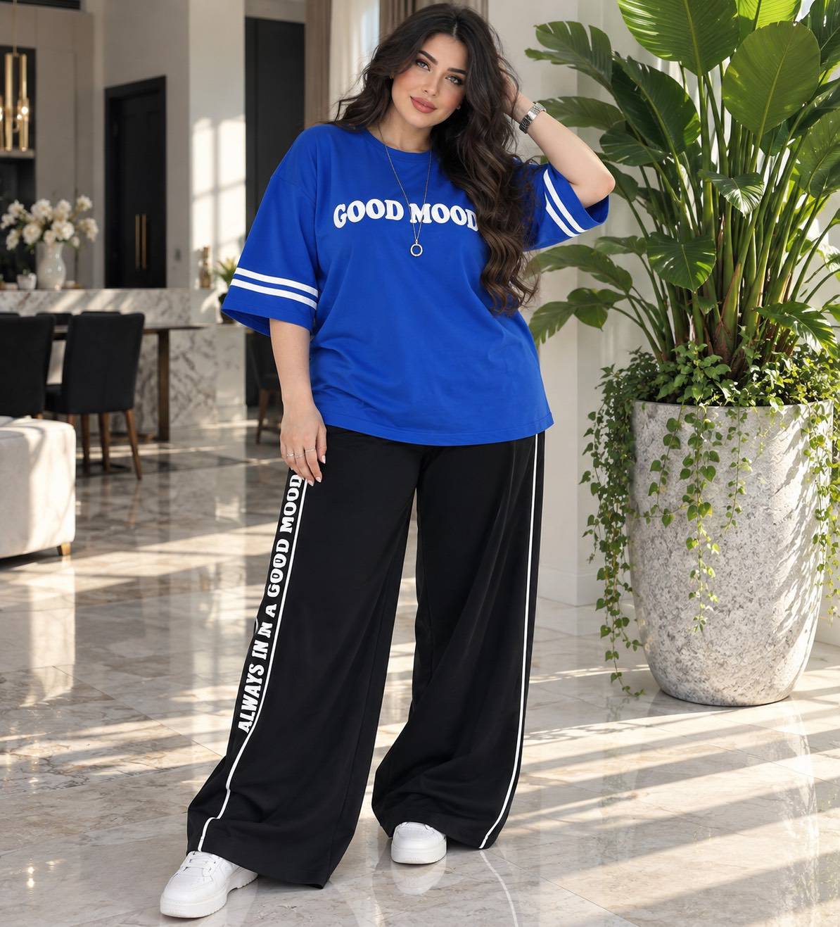 ست  تیشرت شلوار زنانه مدل  Good mood✅️جنس گلکسی نخ پنبه اعلاء درجه 1 ✅با لطافت بالا tet2 بهترین کیفیت مستقیما از تولیدی (فروش تک و عمده آرومافشن)