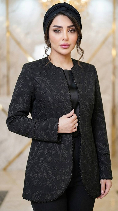 ست کت شلوار مجلسی زنانه مدل ترنم ۲ rad ✅جنس کت ژاکارد طرح برجسته وارداتی درجه ۱✅، جت بلک و گِرم بالا اعلا ✨، جنس شلوار مازراتی گرم بالا واقعی درجه ۱✅️ با بهترین کیفیت مستقیما از تولیدی(فروش تک و عمده آرومافشن)