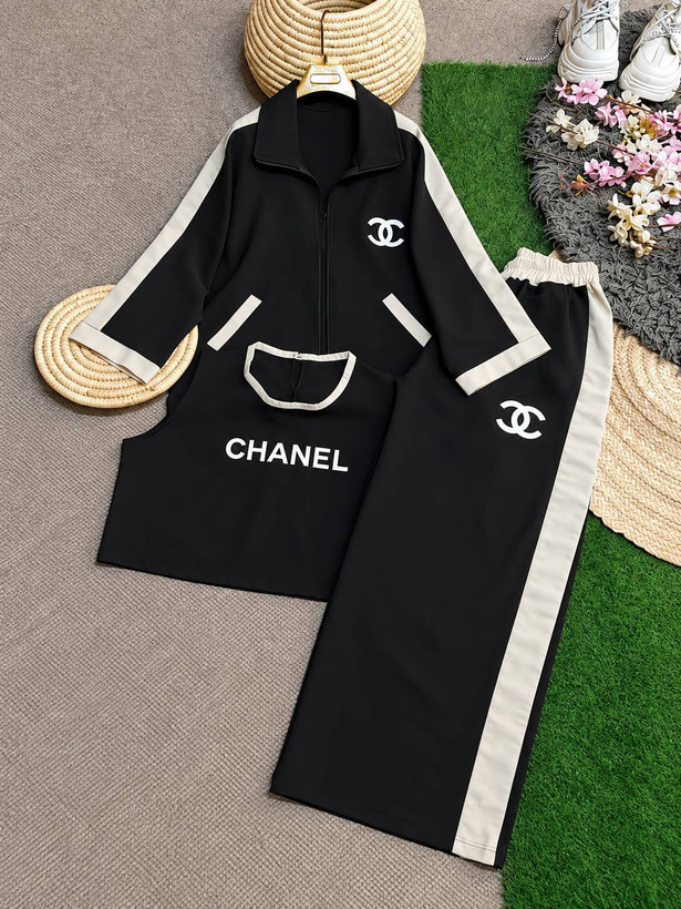 ست سه تیکه سویشرت و شلوار زنانه مدل CHANEL✅️جنس سوپر مازراتی گرم بالا درجه ی 1 ✅ek با بهترین کیفیت مستقیما از تولیدی (فروش تک و عمده آرومافشن)