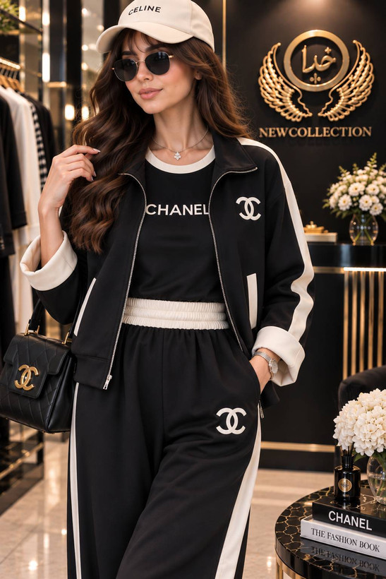 ست سه تیکه سویشرت و شلوار زنانه مدل CHANEL✅️جنس سوپر مازراتی گرم بالا درجه ی 1 ✅ek با بهترین کیفیت مستقیما از تولیدی (فروش تک و عمده آرومافشن)