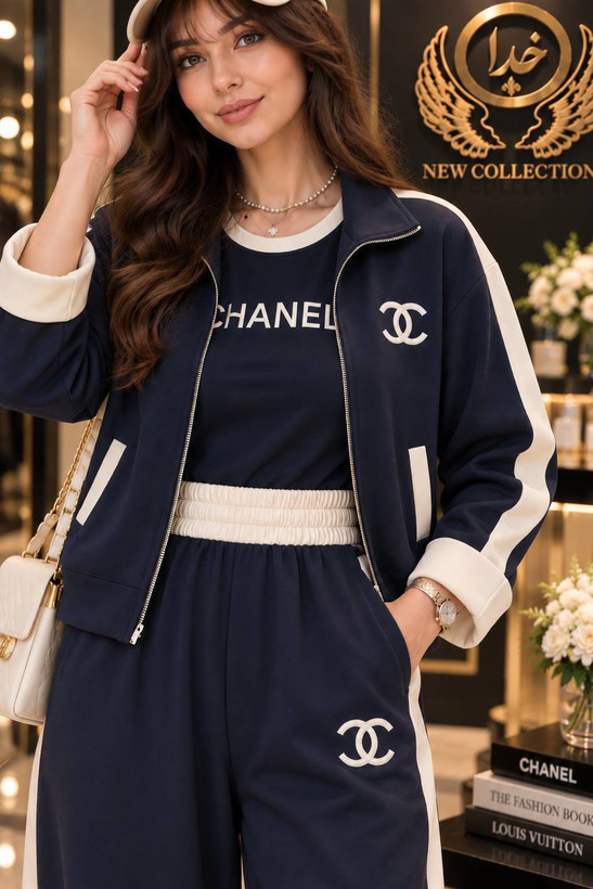ست سه تیکه سویشرت و شلوار زنانه مدل CHANEL✅️جنس سوپر مازراتی گرم بالا درجه ی 1 ✅ek با بهترین کیفیت مستقیما از تولیدی (فروش تک و عمده آرومافشن)