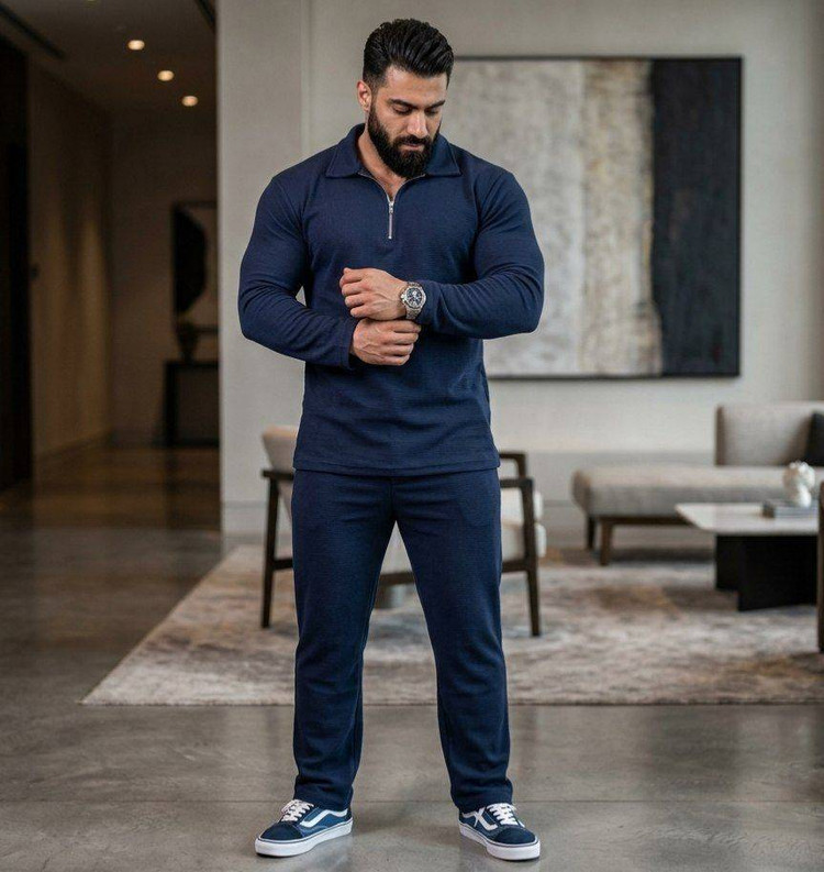 ست بلوز شلوار آستین بلند شیک و جذاب مردانه مدل لارنس نیم زیپ زارا ( ZARA) ✅️جنس مراکشی فیتیلهای درجه ی 1 apa✅️ با بهترین کیفیت مستقیم از تولیدی( فروش تک وعمده در آروما فشن)