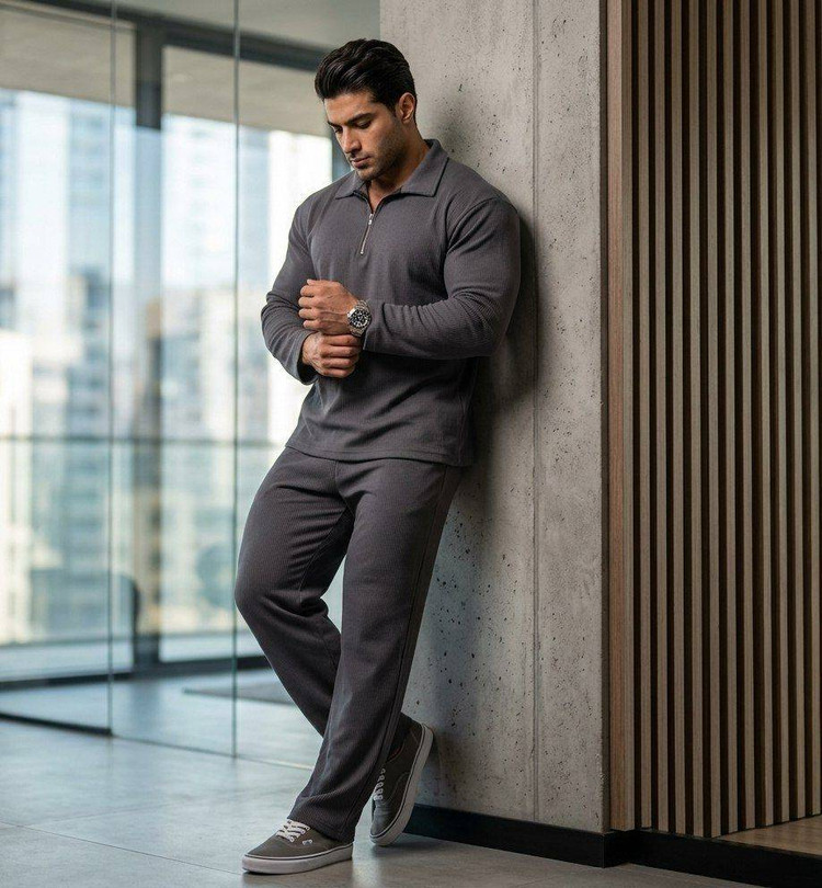 ست بلوز شلوار آستین بلند شیک و جذاب مردانه مدل لارنس نیم زیپ زارا ( ZARA) ✅️جنس مراکشی فیتیلهای درجه ی 1 apa✅️ با بهترین کیفیت مستقیم از تولیدی( فروش تک وعمده در آروما فشن)